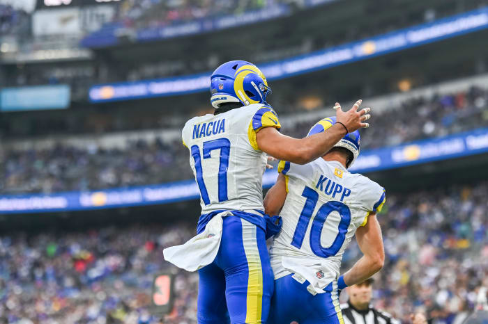 Los Angeles Rams wide receiver Cooper Kupp (10) celebrates with wide receiver Puka Nacua (17) after scoring a second quarter touchdown during the at M&T Bank Stadium.
